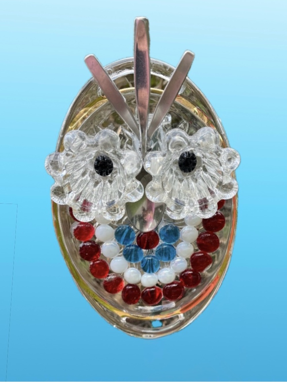 Patriotic Garden stacked plate Upcycled glass Owl,  Red, White and Blue